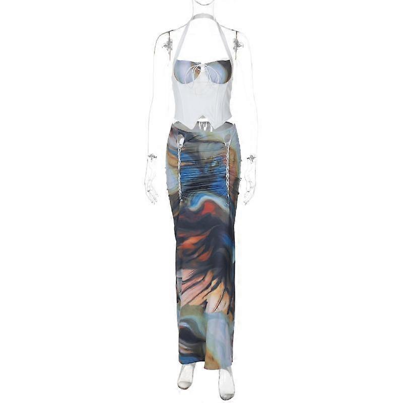 Autumn Smudged Print Personality Draw Pleated Top Slim Tie Rope Skirt Set