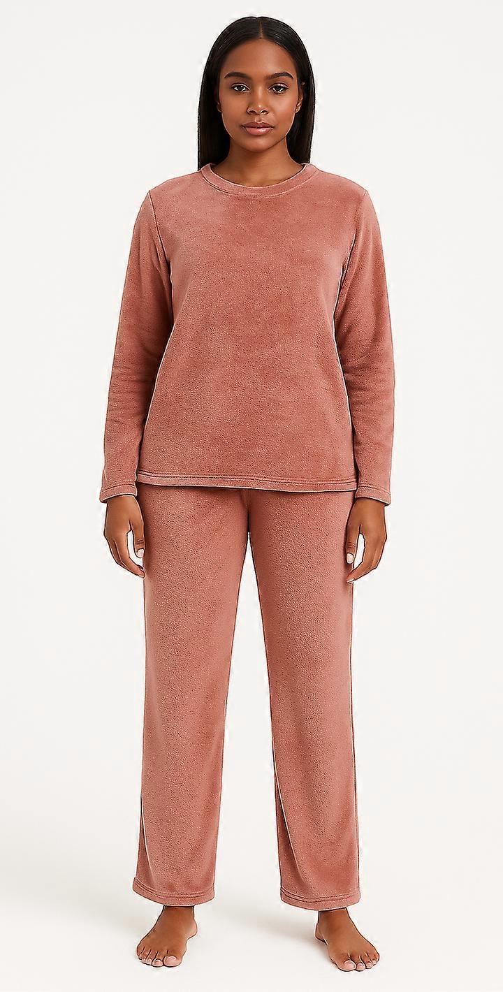 Womens Coral Fleece Soft Fur Pyjama Set PJs Top & Bottom in Pastel Pink