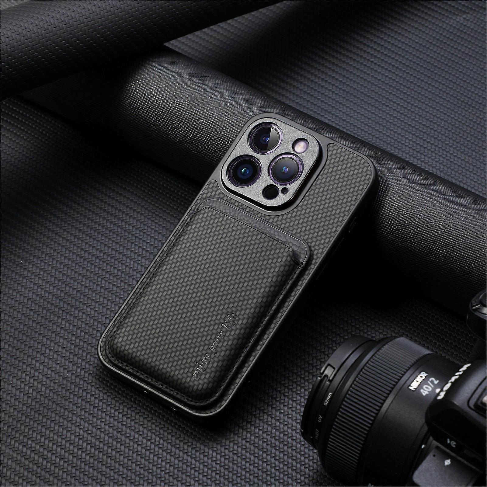 جراب لهاتف ايفون 13 حامل بطاقة ممغنطة أسود ظهر نسيج ألياف No1195