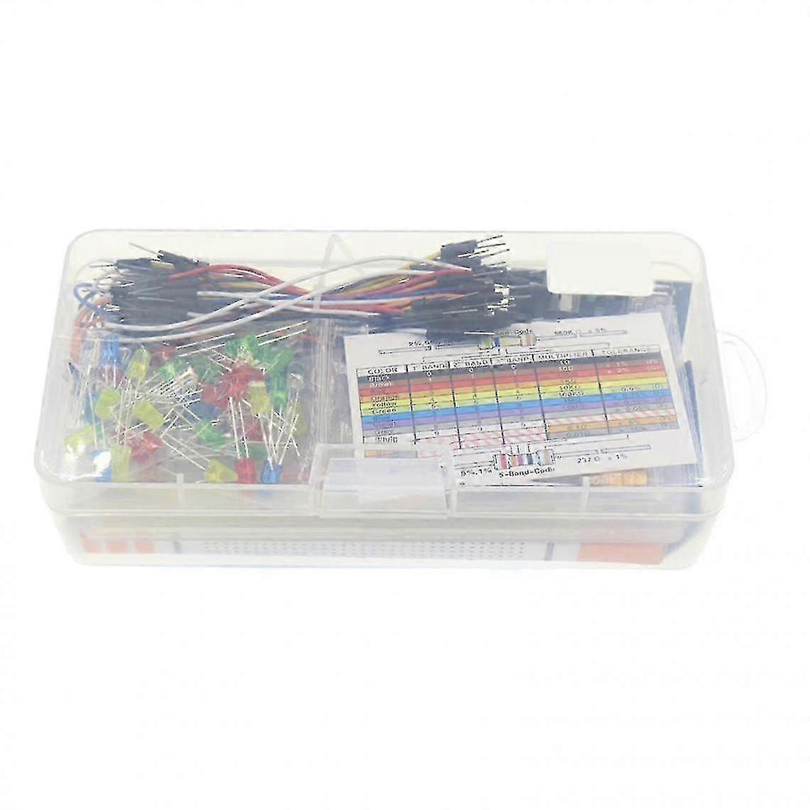 Kit de partida básico com protoboard, fonte de alimentação, cabos de jumper, resistores, leds