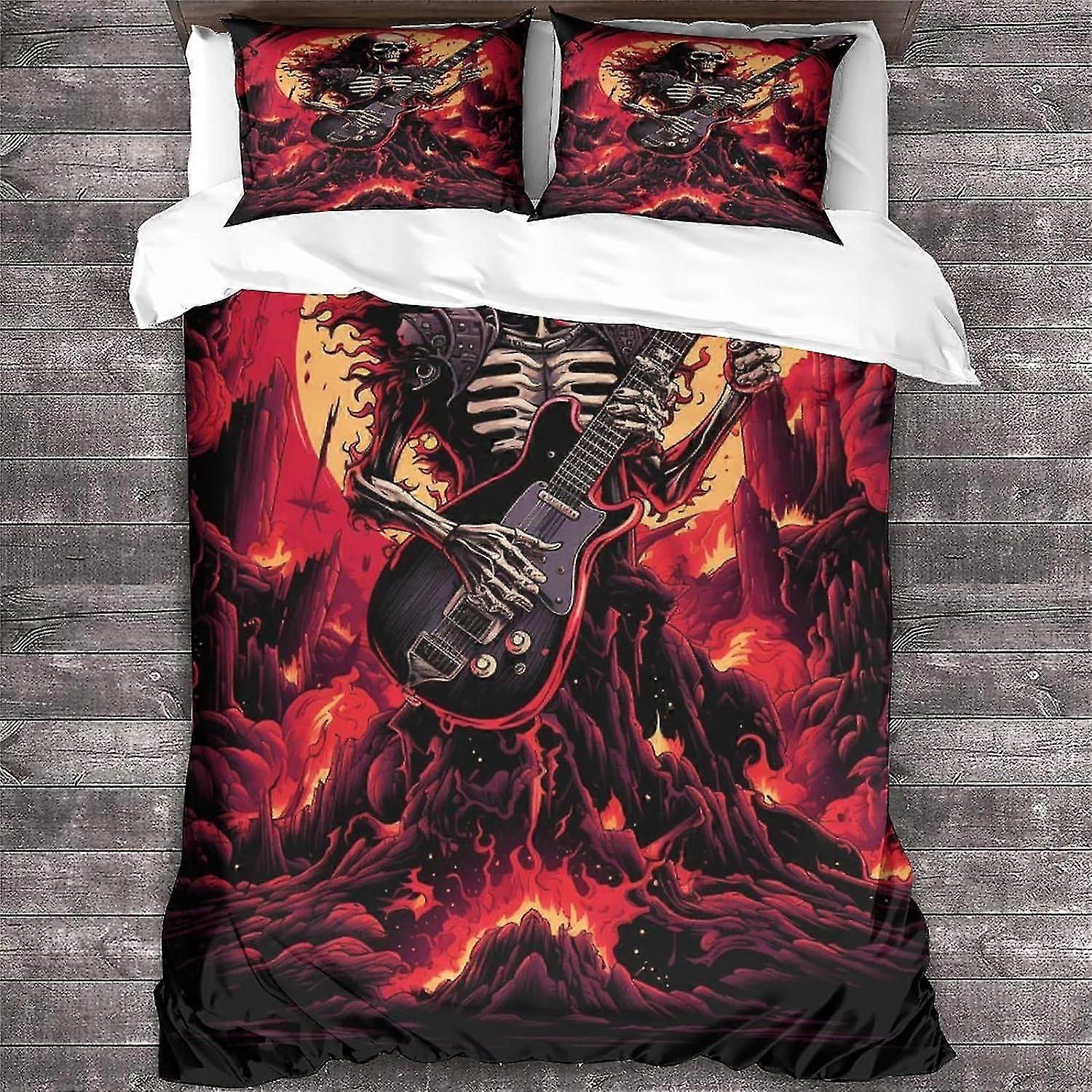 Heavy Metal Guitar Pattern Duvet Cover Set with Skull Quilt, Soft Microfiber Double