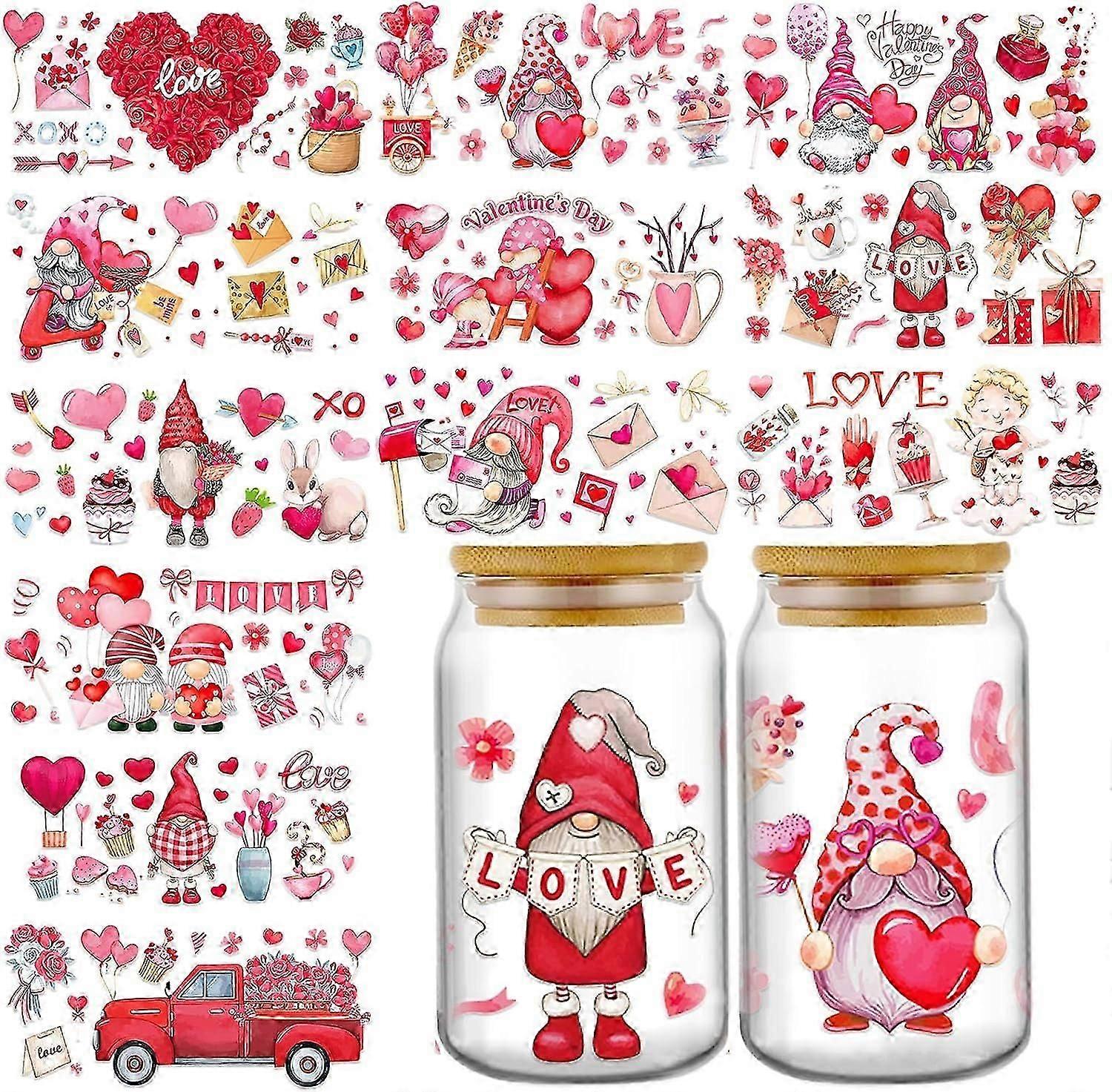 12 Sheets of Valentine's Day UV DTF Cup Wrap Transfer Sticker, Valentine's Day Rub on Transfers Sticker for Furniture Waterproof Decals for Cups DIY C