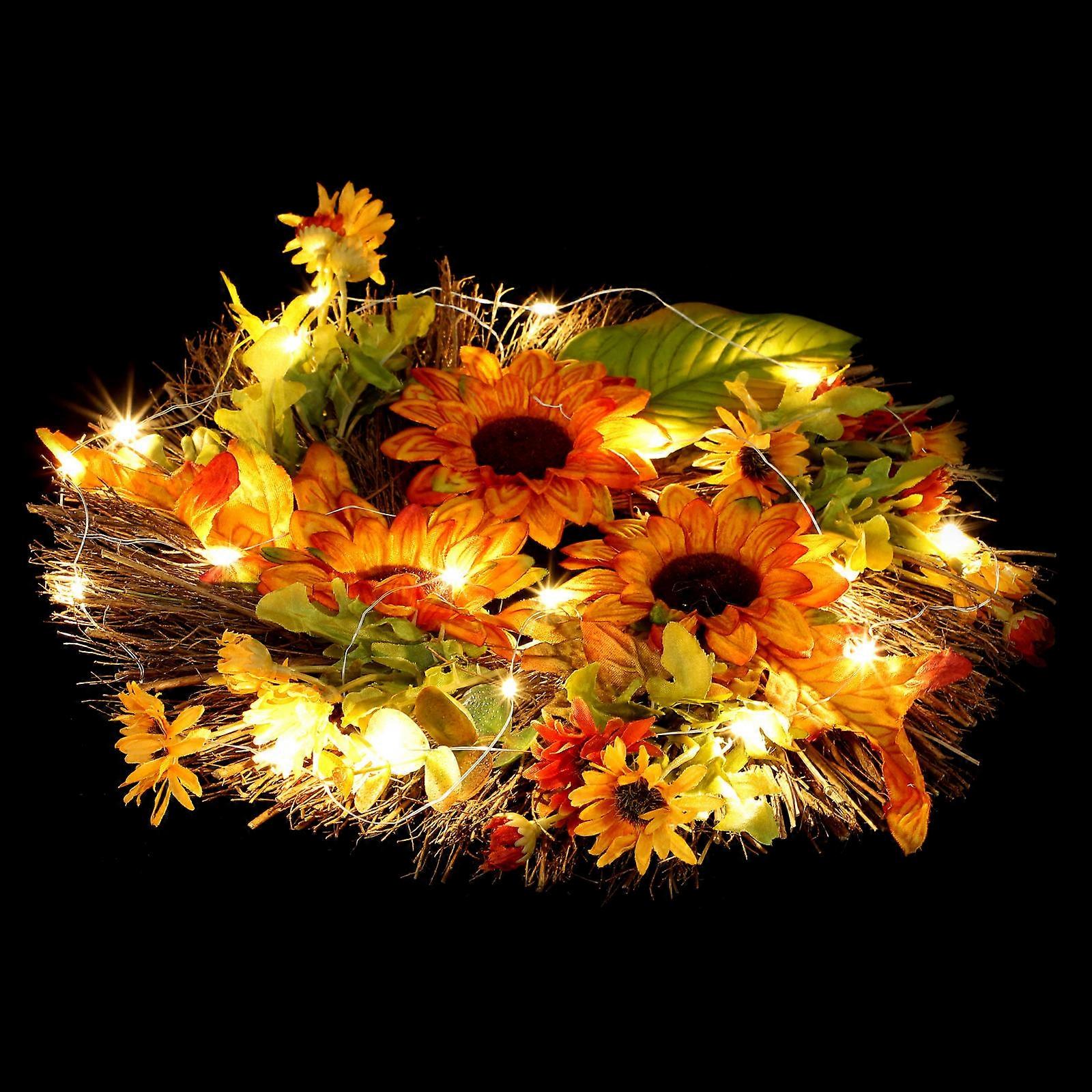 Simulated Sunflower Wreath with Lights Decorative Hanging Ornament for Doors and Walls Assorted