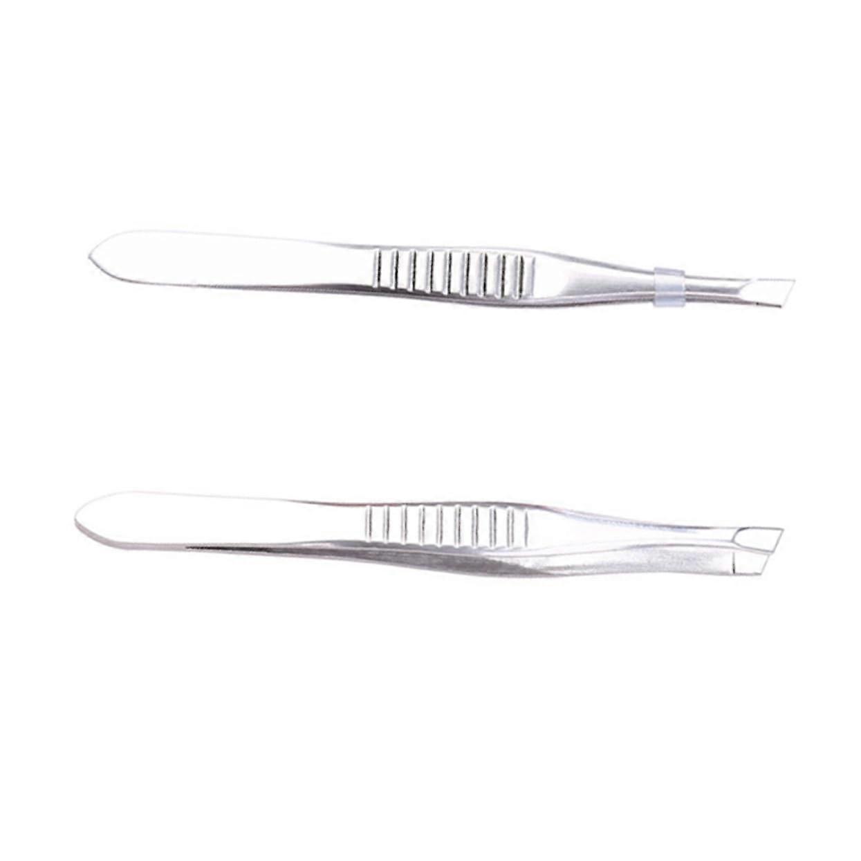Eyebrow Tweezers Set of 2 Precision Eyebrow Clips Stainless Steel Silver with Slanted and Pointed Tips