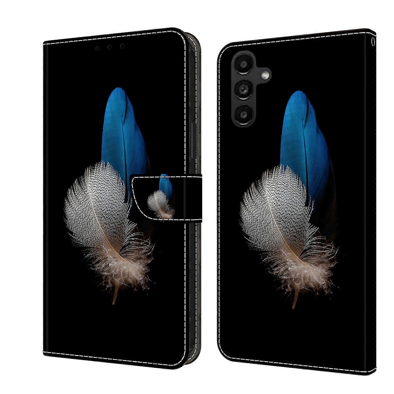 Miagon Kickstand Flip PU Leather Protective Case for Samsung Galaxy A25 5G, Colorful Blue Feather Wallet Case with Card Slots