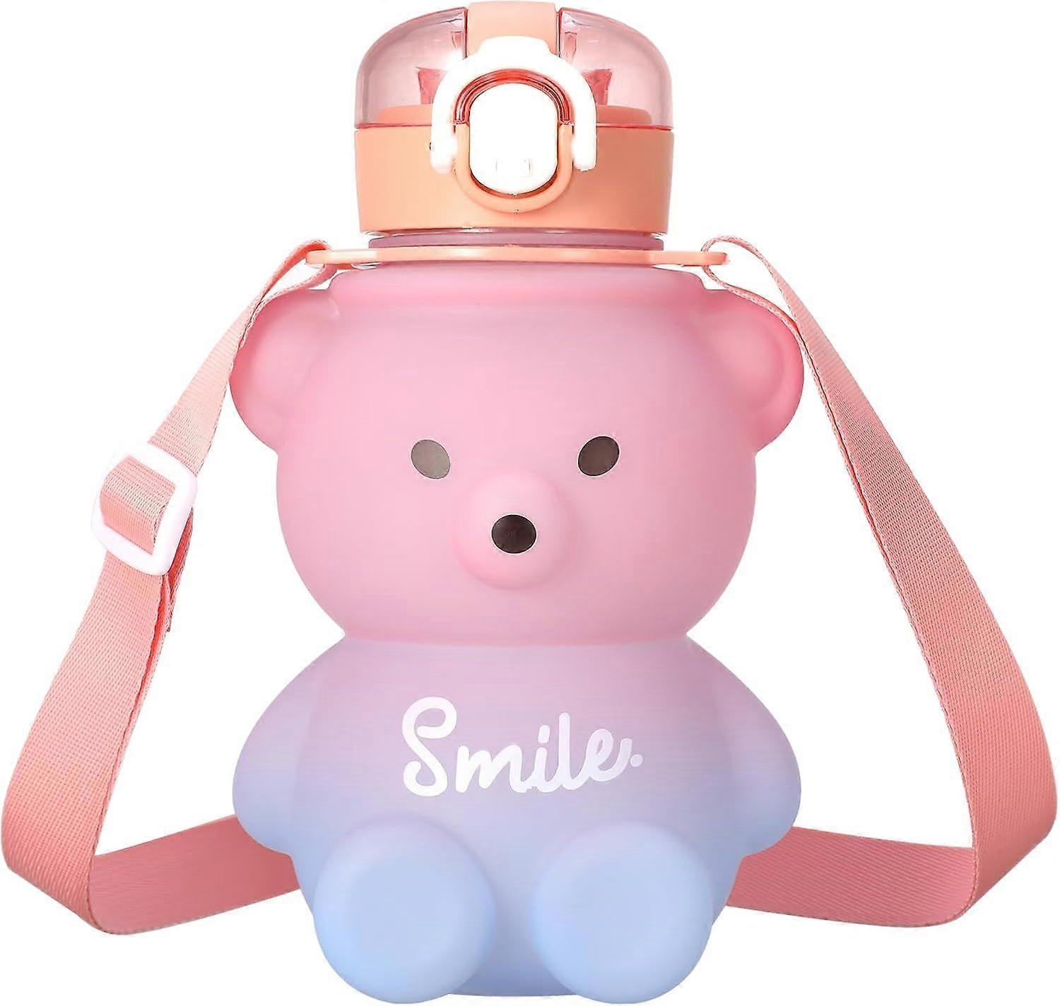 Bear Water Bottle with Straw and Strap, 800ml Cute Gradient Colorful Water Bottles