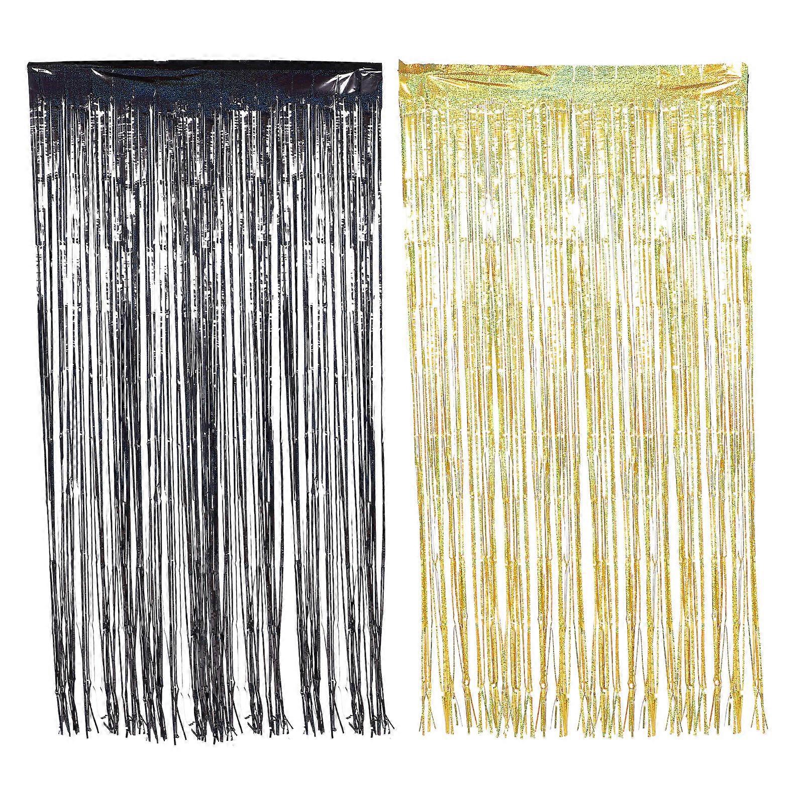 Gold and Black Fringe Curtains for Party Backdrop Decoration – Versatile Tinsel Drapes for Birthday, Wedding, and Engagement Celebrations, Elegant