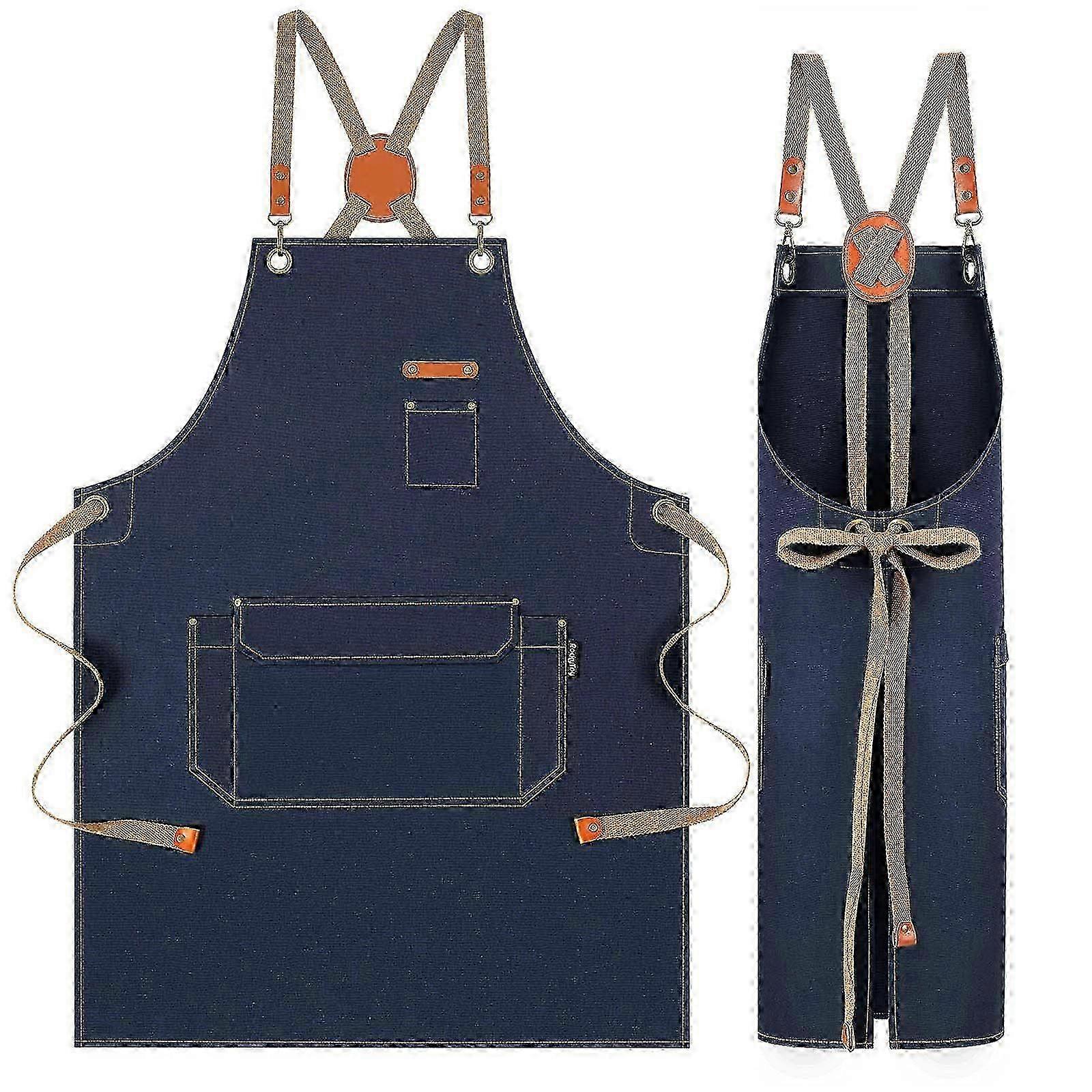Kitchen Apron with Pockets, Cross Back Design (Blue)