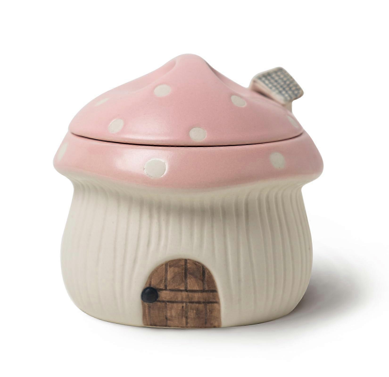 Keramisk sukkerskål med låg og ske, sødt svampehusdesign. Porcelæn krydderi opbevaringsglas, 320 ml. (Pink)