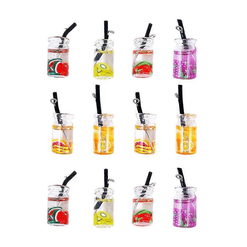 12pcs Mini Resin Bottle Charms DIY Pendant Craft Decorations with Hanging Ring for Keychains, Earrings, and Car Accessories Cute Fruit Drink Cup