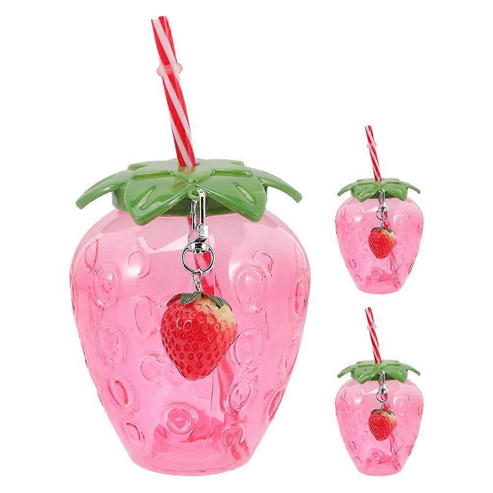 3 Sets Cute Strawberry Shaped Drinking Cup Portable Milk Tea Juice Cup Reusable Plastic Jug Container With Lids And Straws