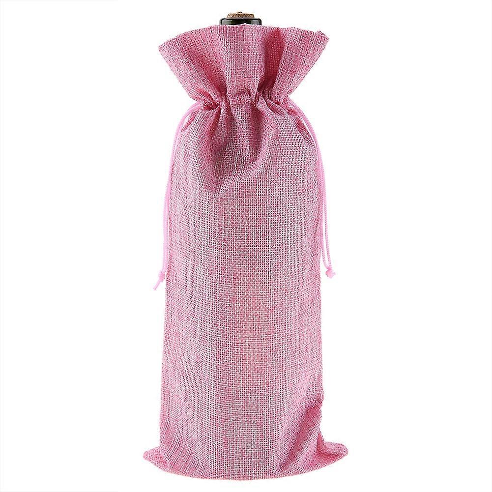 12pcs Simple Linen Fabric Wine Bag with Drawstring Champagne Decorative Cover (Pink)