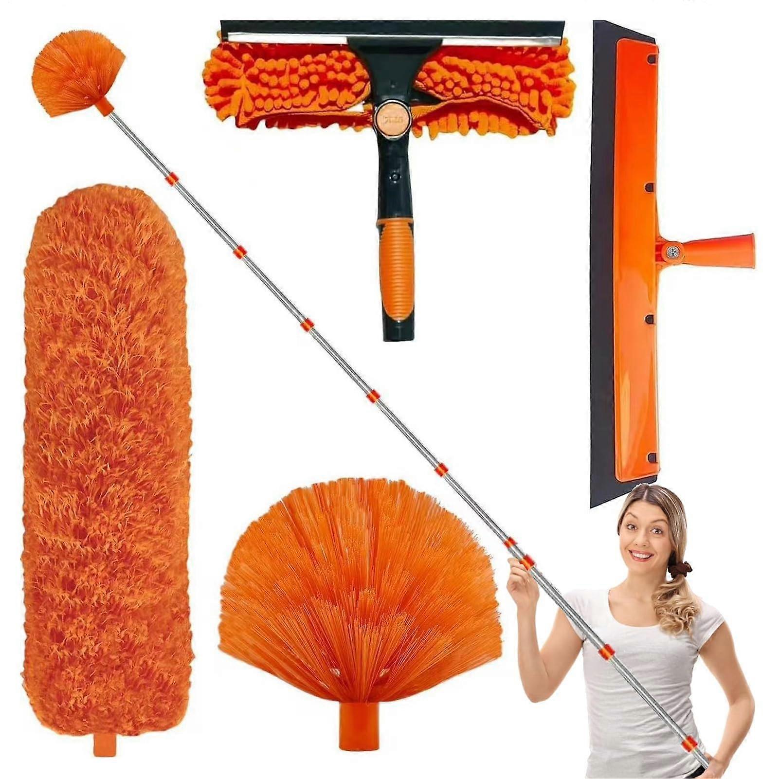 Telescopic Duster Microfiber With Long Handle, Long-Reach Cobweb Cleaning Tool, For Shelf Wall Window, Orange 17.5 cm