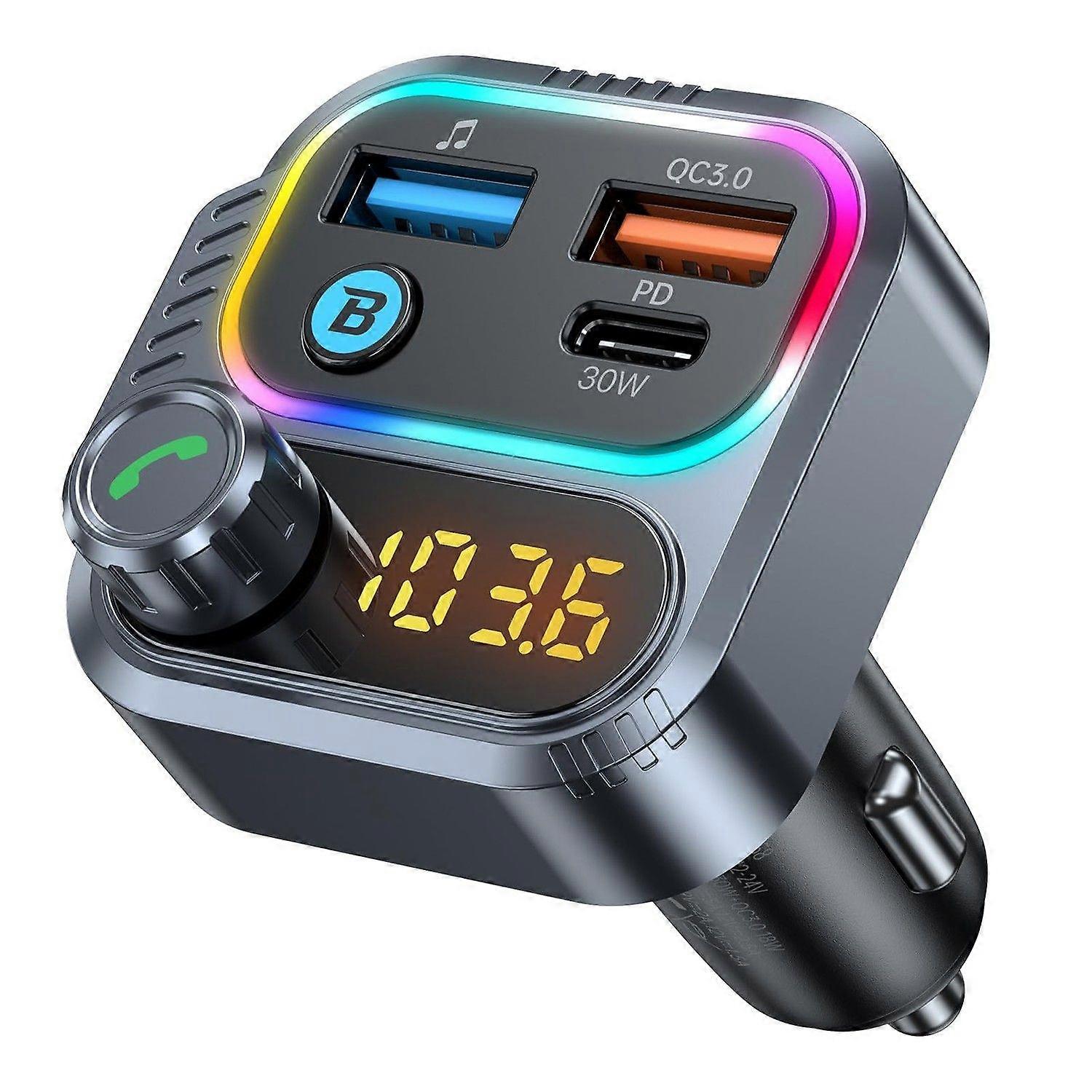 USB C Bluetooth Adapter for Car - FM Transmitter, Hands-Free, QC3.0 18W, LED Backlit(Black)
