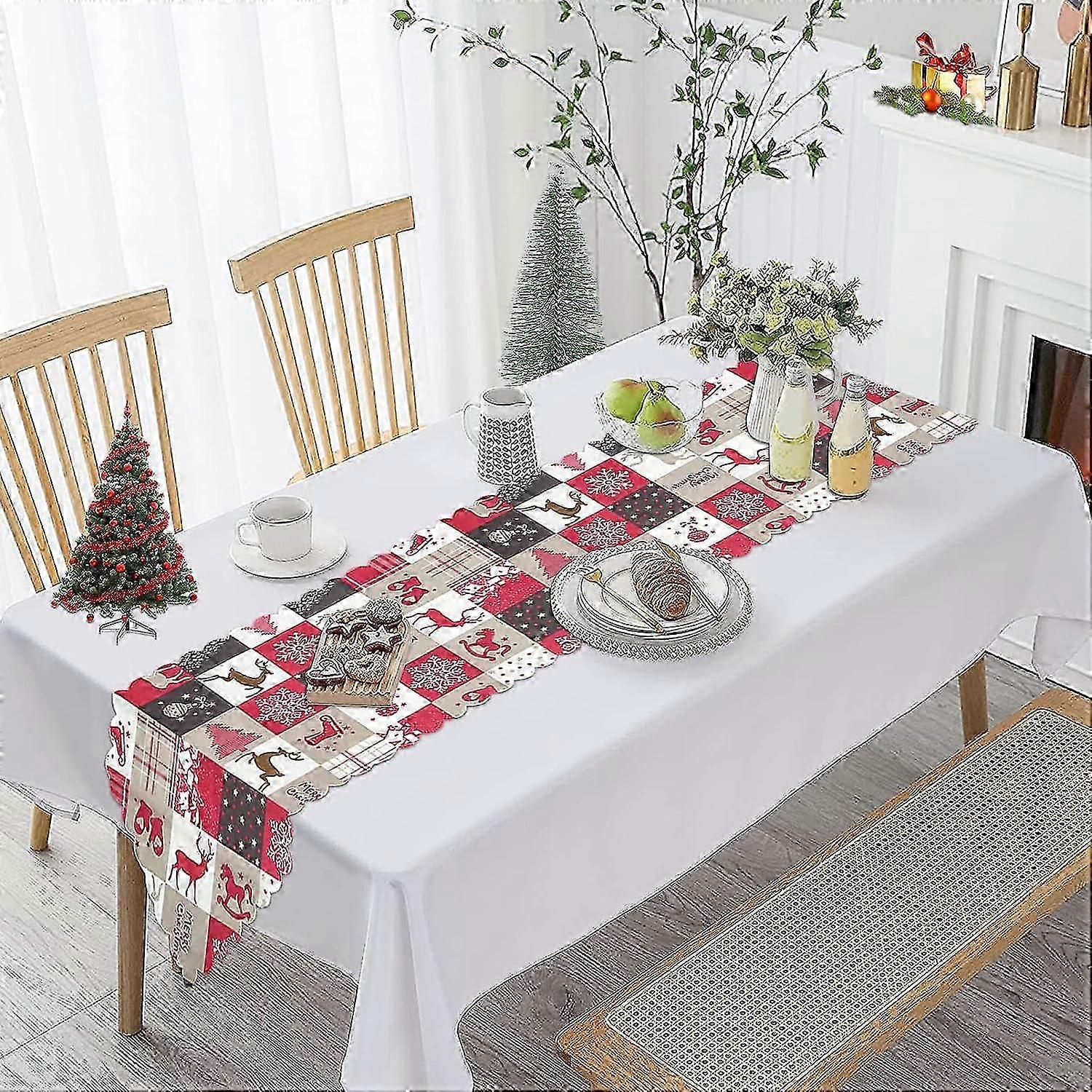 Printed Christmas Table Runner - Washable Cotton Linen Tablecloth Holiday Dining Decor