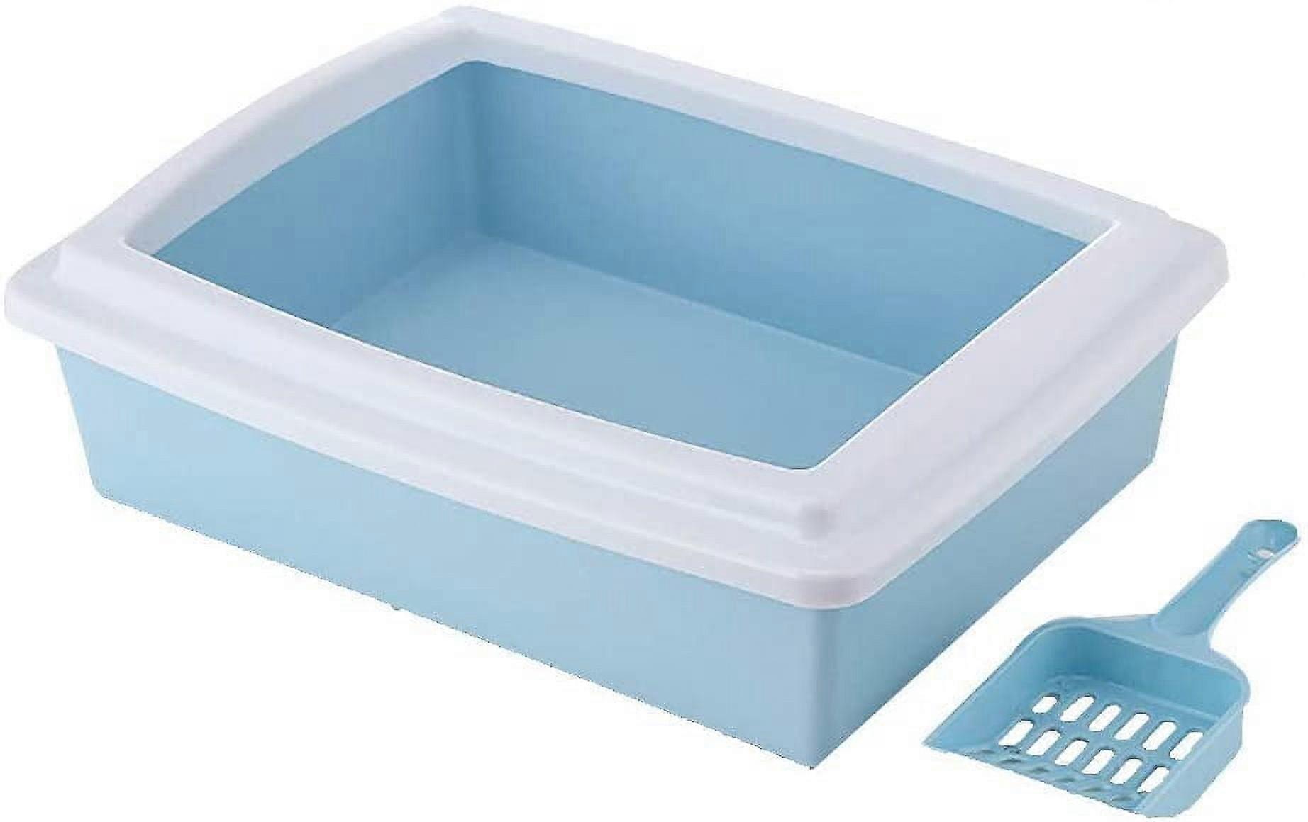 Splashproof Semi-Closed Cat Litter Basin,Rectangle Semi-Closed Anti-Splash Pet Cat Litter Box Case Toilet Tray with Scoop Blue