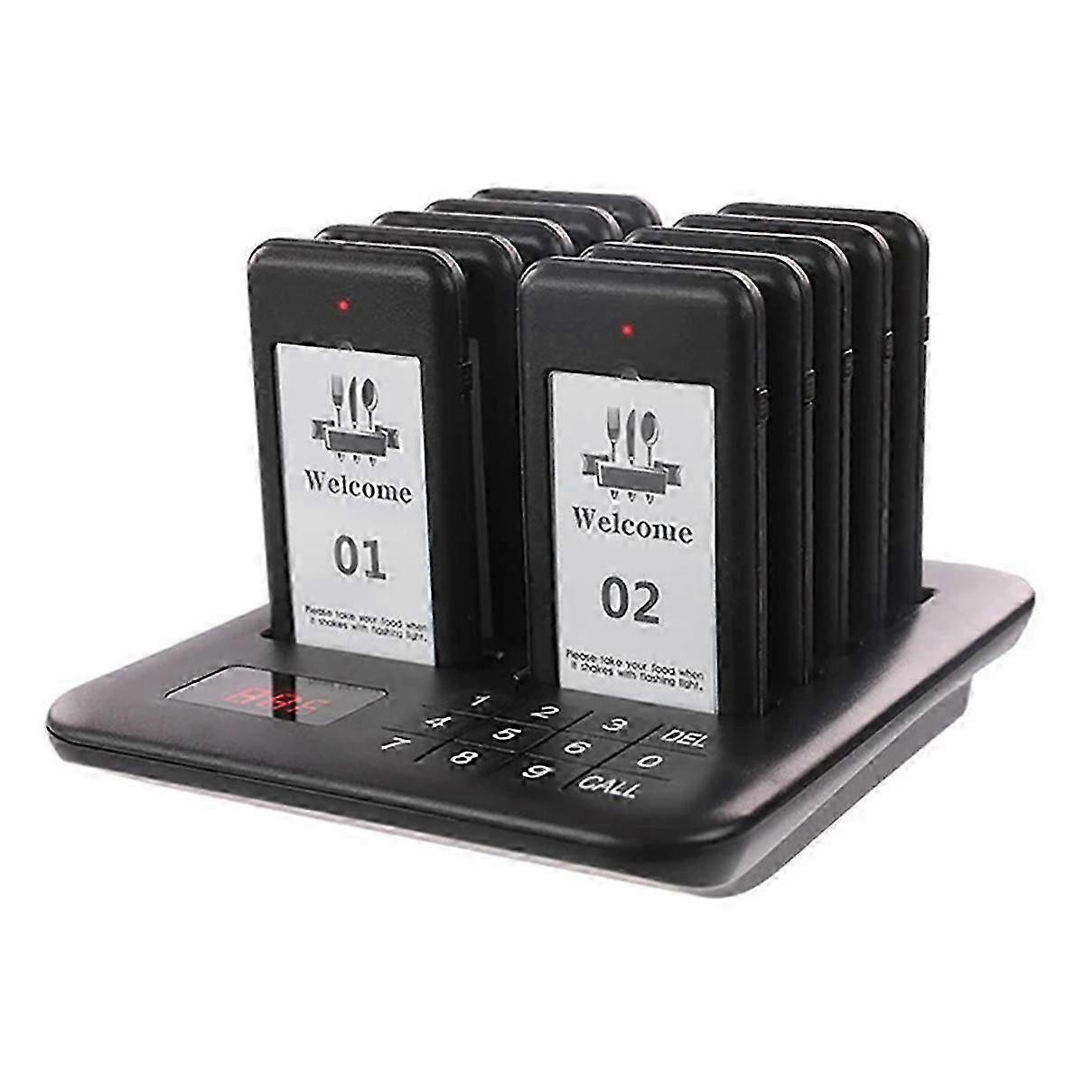 Wireless Restaurant Pager System with 10 Coasters Buzzer Receiver (EU Plug)