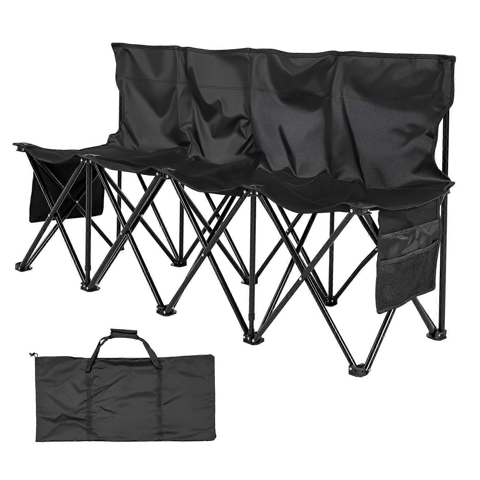 Portable Folding Bench, 4 Seat Foldable Soccer Bench with Side Pockets and Carrying Bag, Black