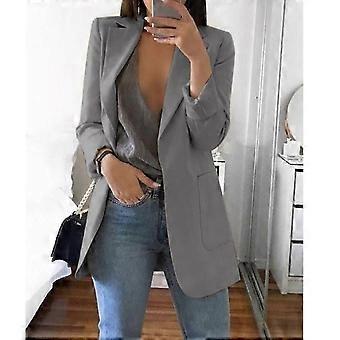 Women's Lapel Work Office Blazer Jacket Casual Long Sleeve Outerwear Hip Length