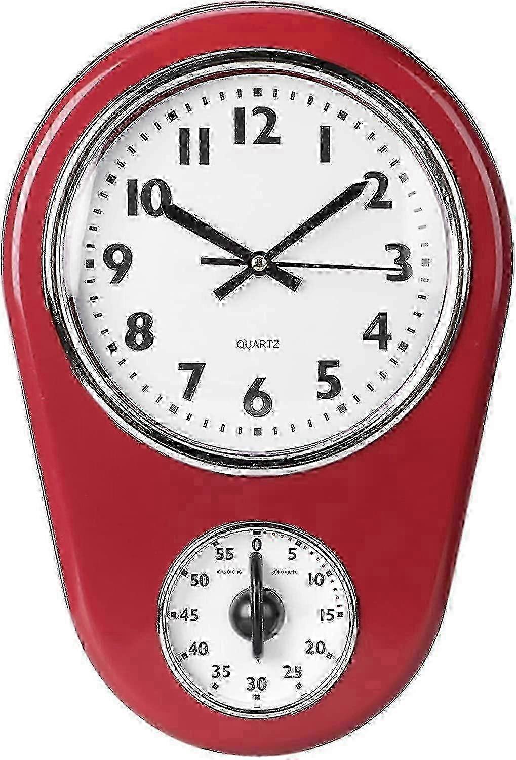 Retro Kitchen Timer Wall Clock, Red Vintage Silent Home Timer