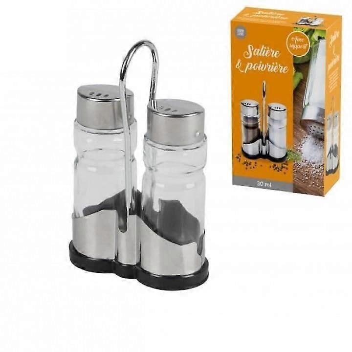 Salt and Pepper Shakers Set With Metal Holder And Glass Bottles, Compact 12 cm Height, Kitchen Seasoning
