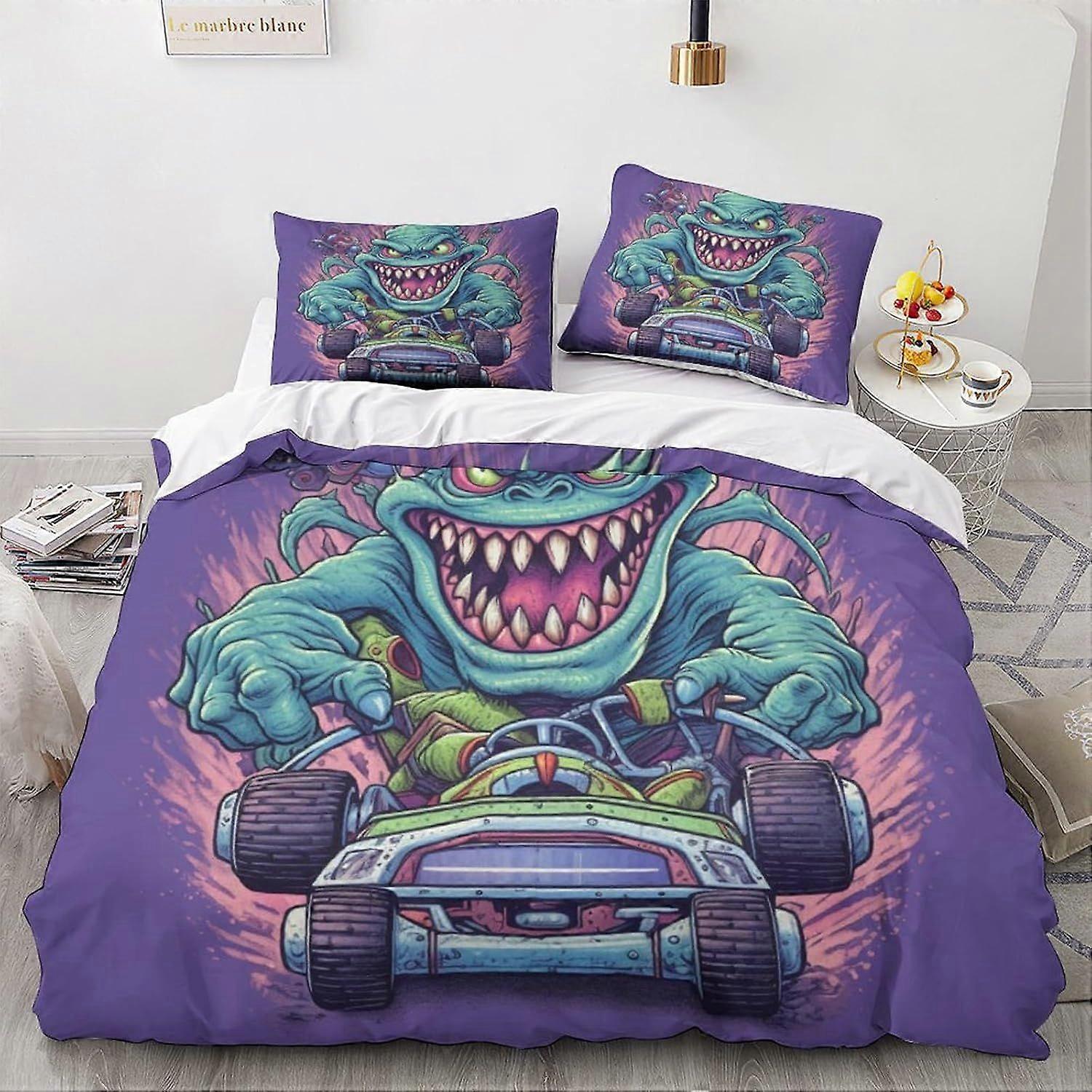 LikeEj 3D impresso desenhos animados monstros edredom capa com fronhas vintage carro jogo de cama com zíper fechamento macio de microfibra colcha de capa conjunto King