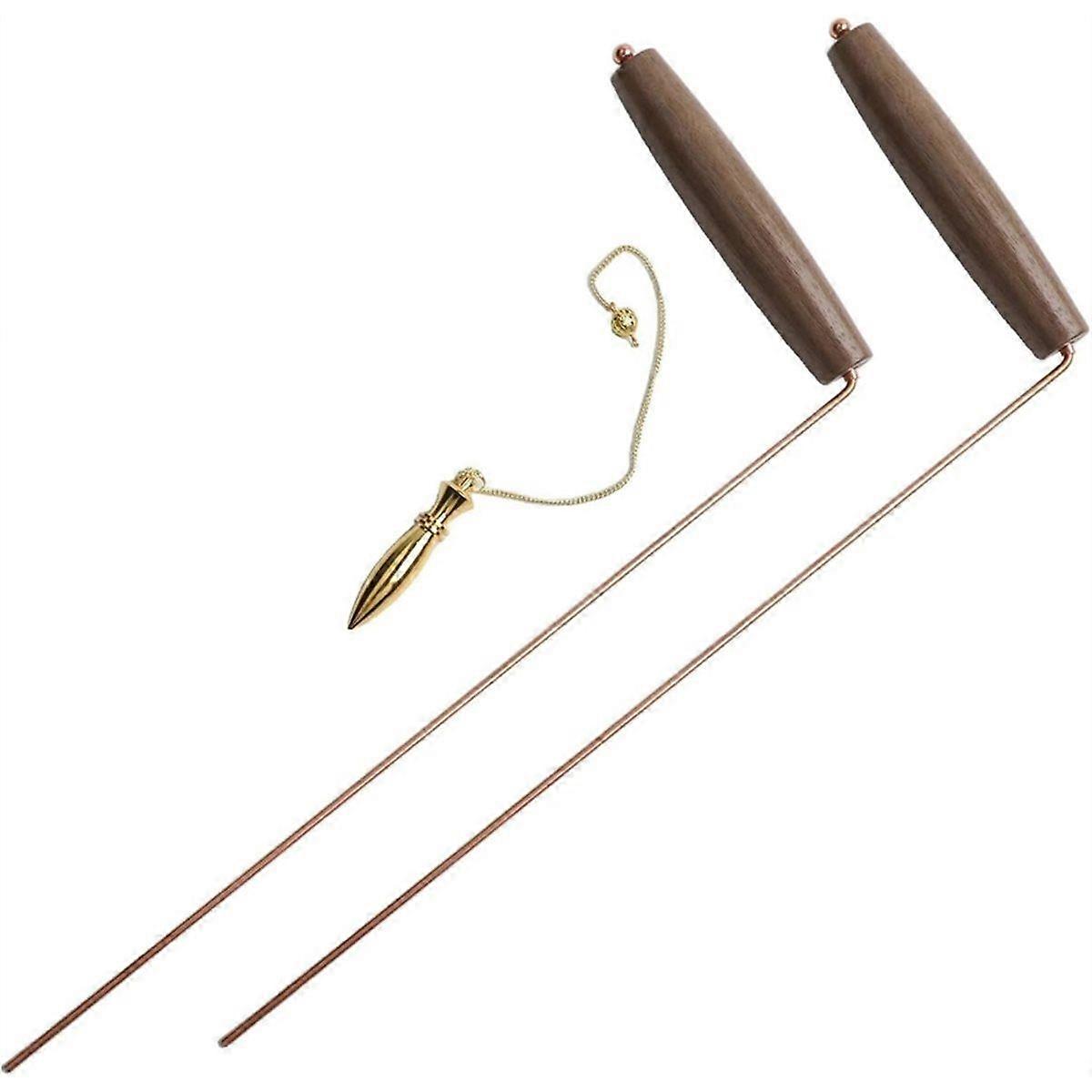 Copper Dowsing Tools with Walnut Handle Dowsing Rods and Pendulum Set for Water Finding Gold Detecti