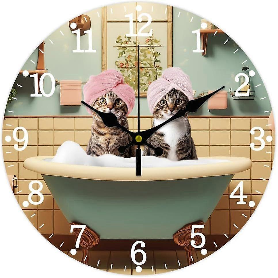 Bathroom Wall Clock Non-Ticking Clock 12 Inch Cat Round Decorative Clocks Printed Wall Clock for Home Office Decoration