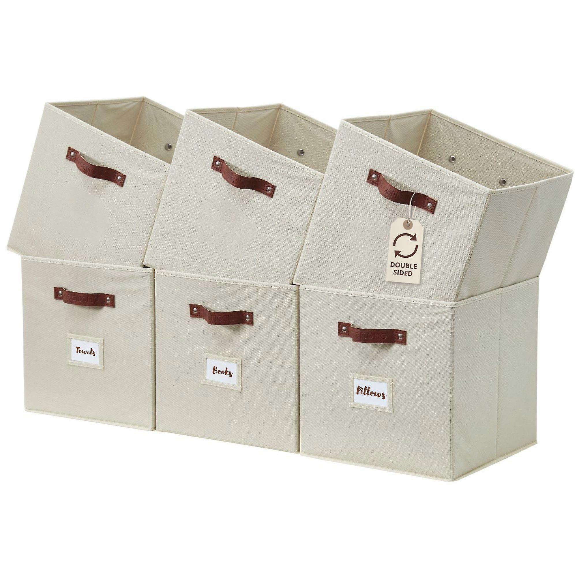 Storage Cubes Set of 6 Beige Fabric Bins for Shelves with Dual Handles and Reinforced Structure