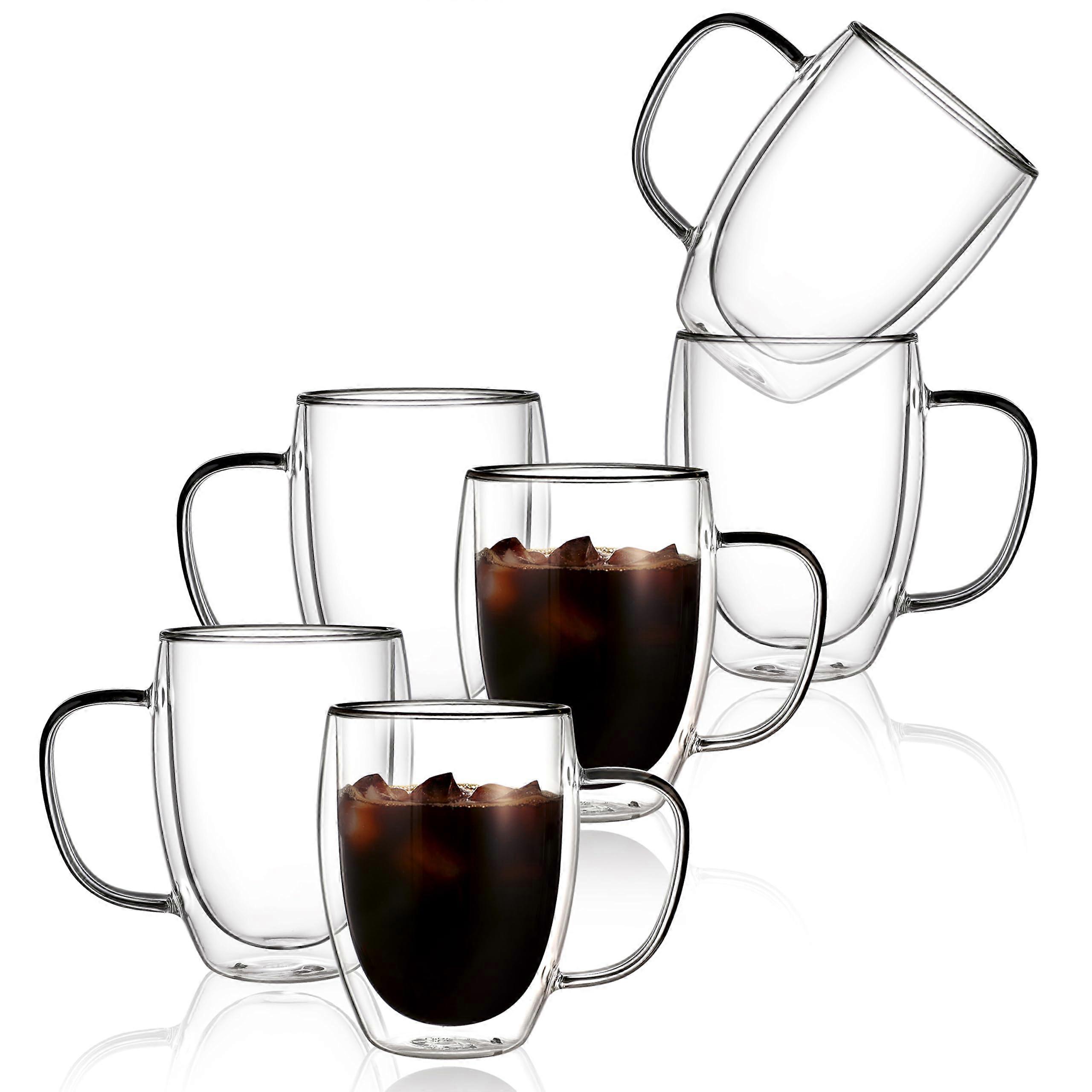 6 Pack 12oz Double Wall Glass Coffee Mugs with Handle, Borosilicate Insulated Cups for Hot and Cold Drinks