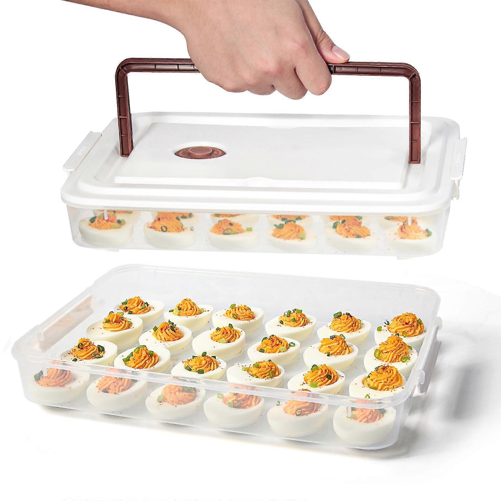 Deviled Egg Carrier Set of 2, Plastic Tray with Lid and Handle, Stackable 48 Egg Storage Container