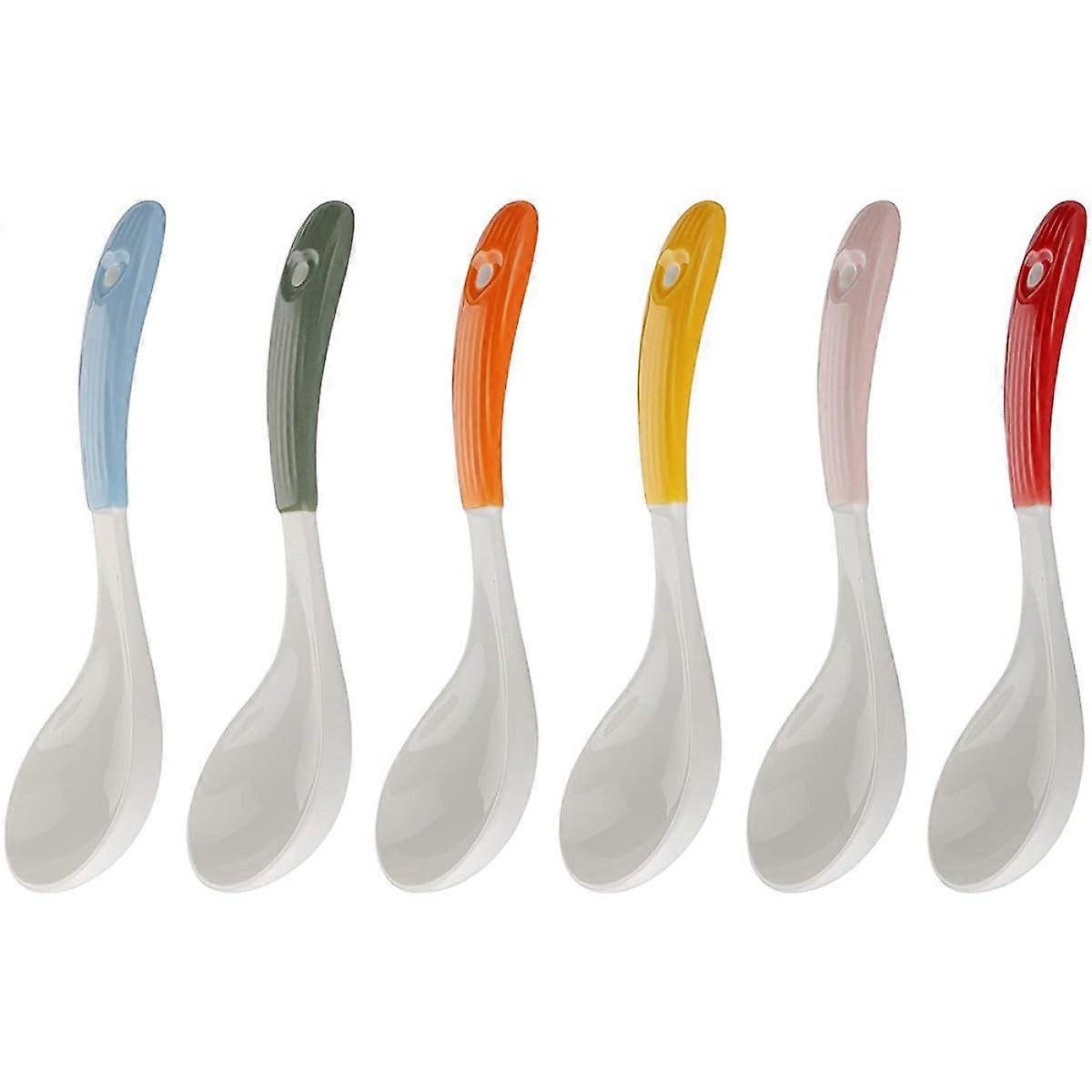 6pcs Ceramic Soup Spoons with Ergonomic Handle Grip, MultiColor Porcelain Serving Utensils for Asian Dining