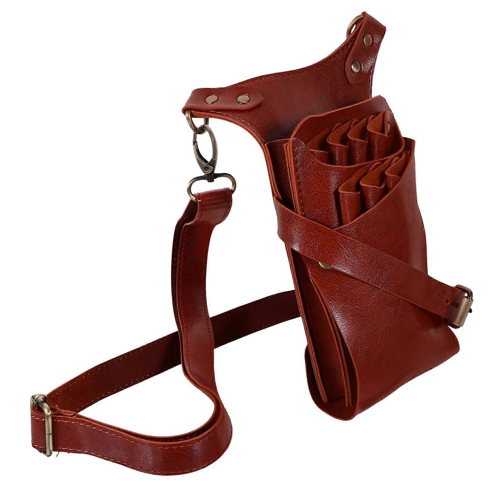Hairdressing Scissors Pouch Leather Tool Belt with Multiple Slots Adjustable Salon Organizer Brown