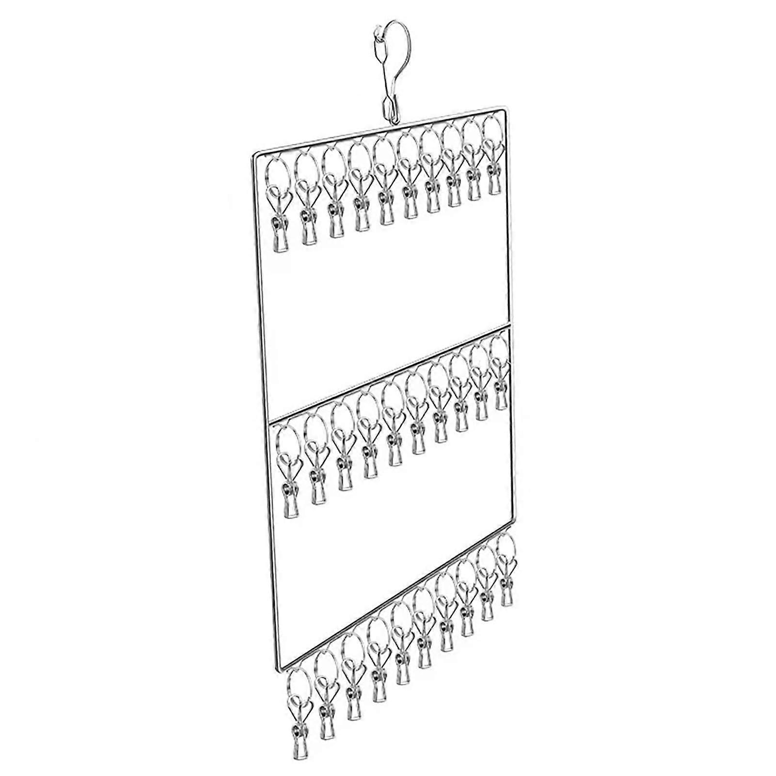 Stainless Steel MultiLayer Clothes and Socks Drying Rack with Windproof Hooks, 30 Clips