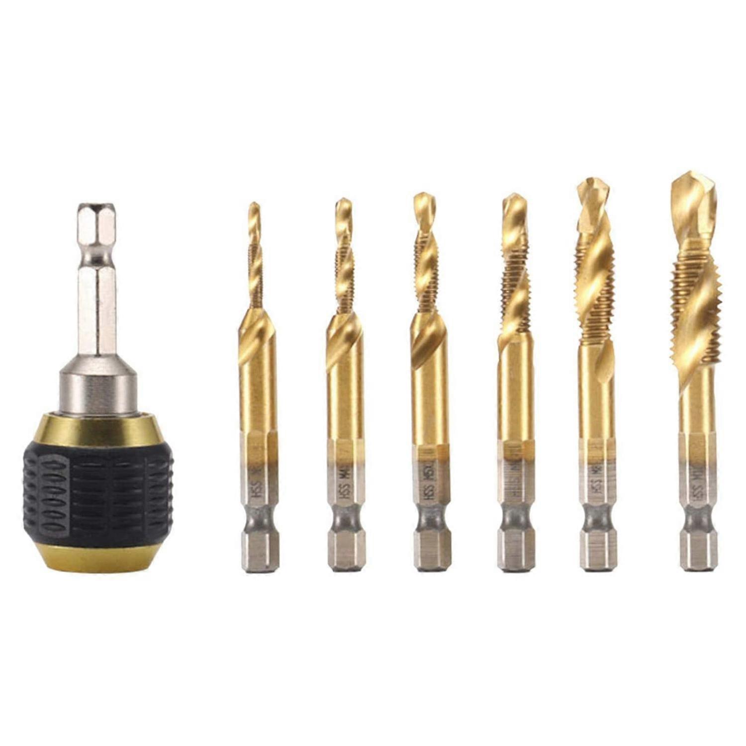7Pcs Titanium Combination Drill Tap Bit Set Portable Screw Tapping 1/4 Hex Drill Quick Change Chuck