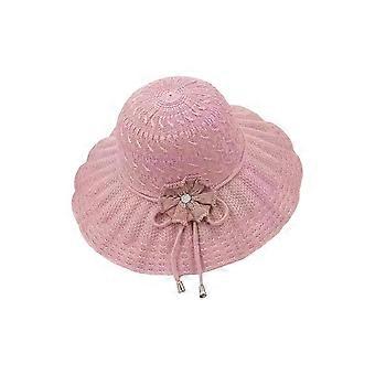 Damestrikk solhatt med blomsterdetaljer, pustende stoff, bred brem, gir solskygge, lilla