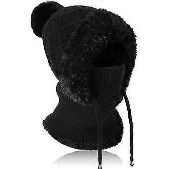 Winter Knit Hat with Neck Warmer, Slouch Adjustable Beanie with Hairball, Warm Fleece Lining, 3-in-1 Hat Scarf Face Mask for Outdoor Activities