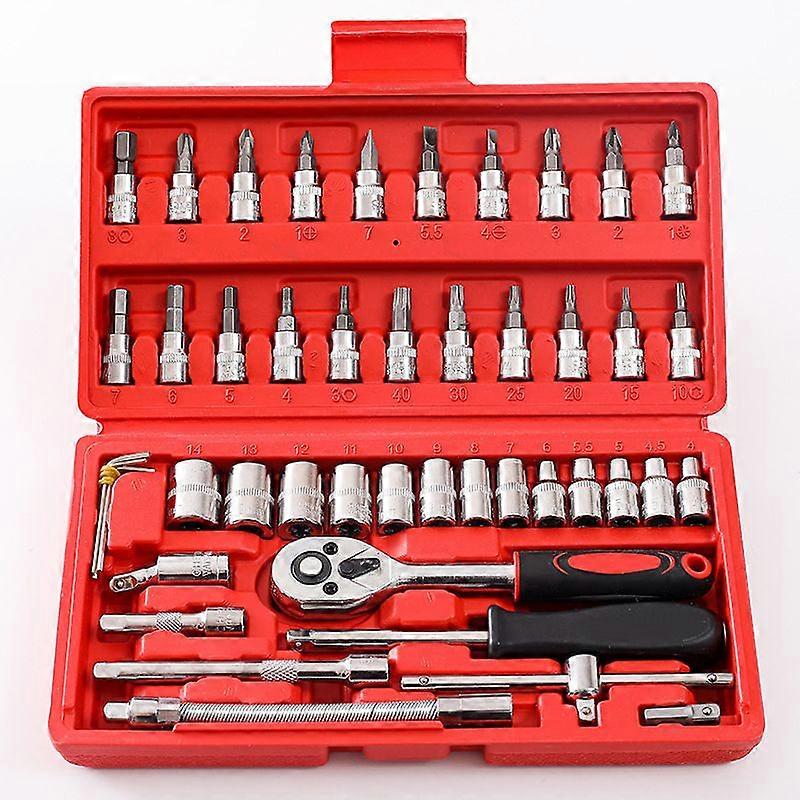 Socket set F6  CHROMEmat, 46 piecesred
