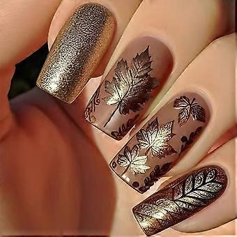 24pcs Medium Square Künstlicher Nagel Press On Nagel mit Gold Glitzernden Blättern Stick On Nail Für Herbst- und Winterstile