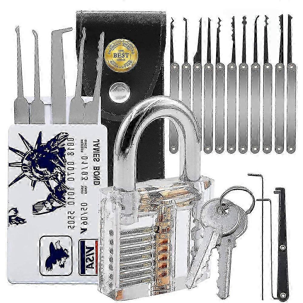 20 Piece Lock Picking Kit with Transparent Practice Padlock, Beginner Lock Pick Set