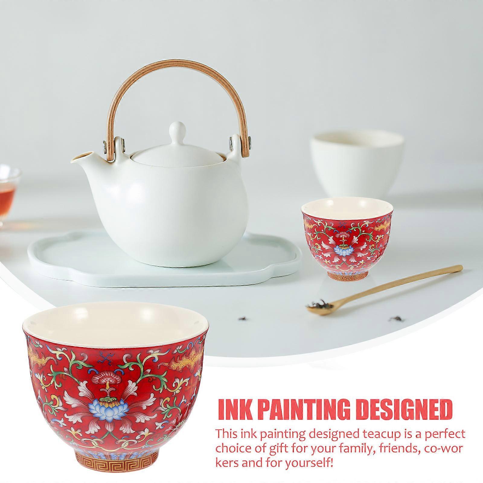 Ceramic Tea Cup for Tea Tasting 4Pcs with Red Flower Pattern Design