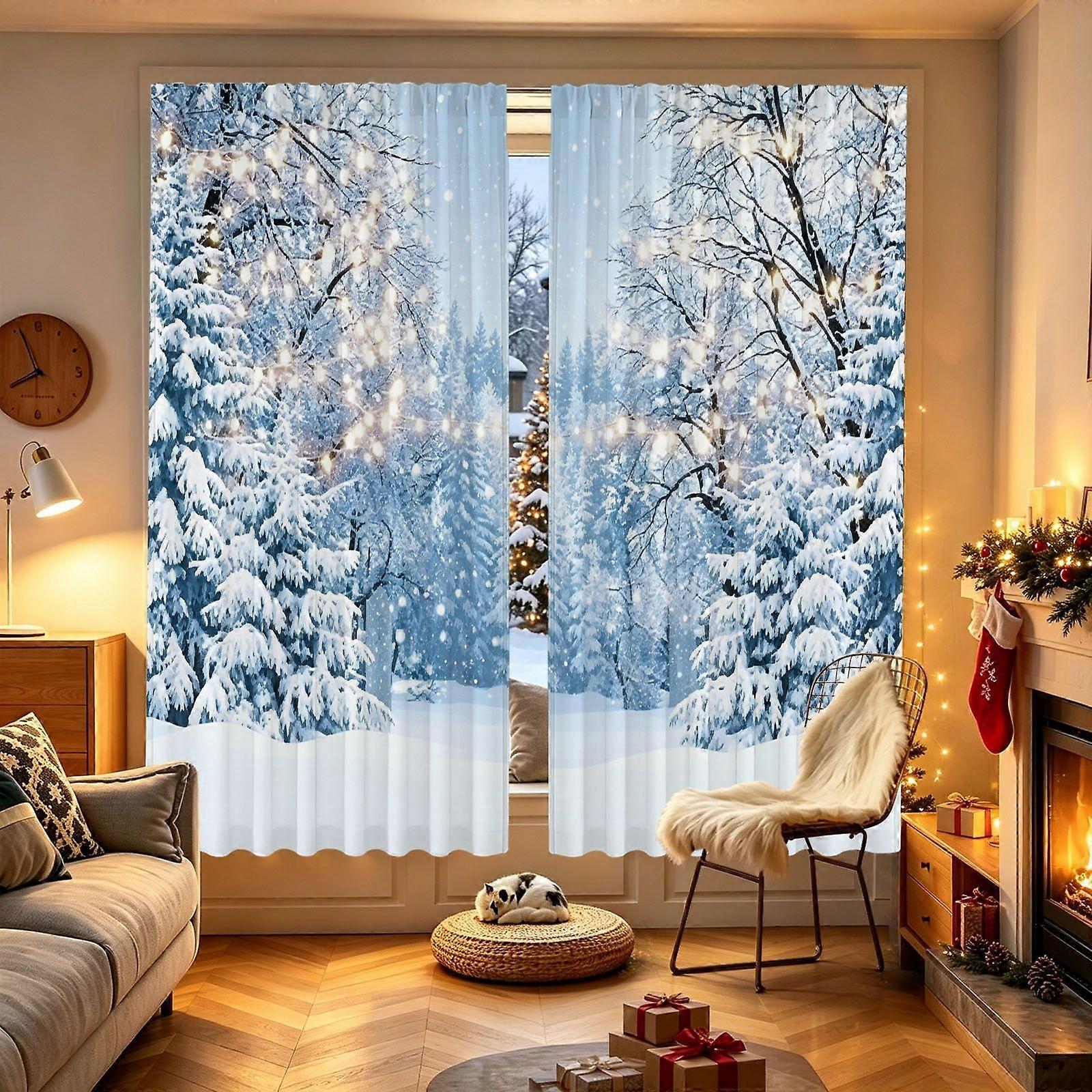 Curtain Featuring winter forest snow scene trees Artwork
