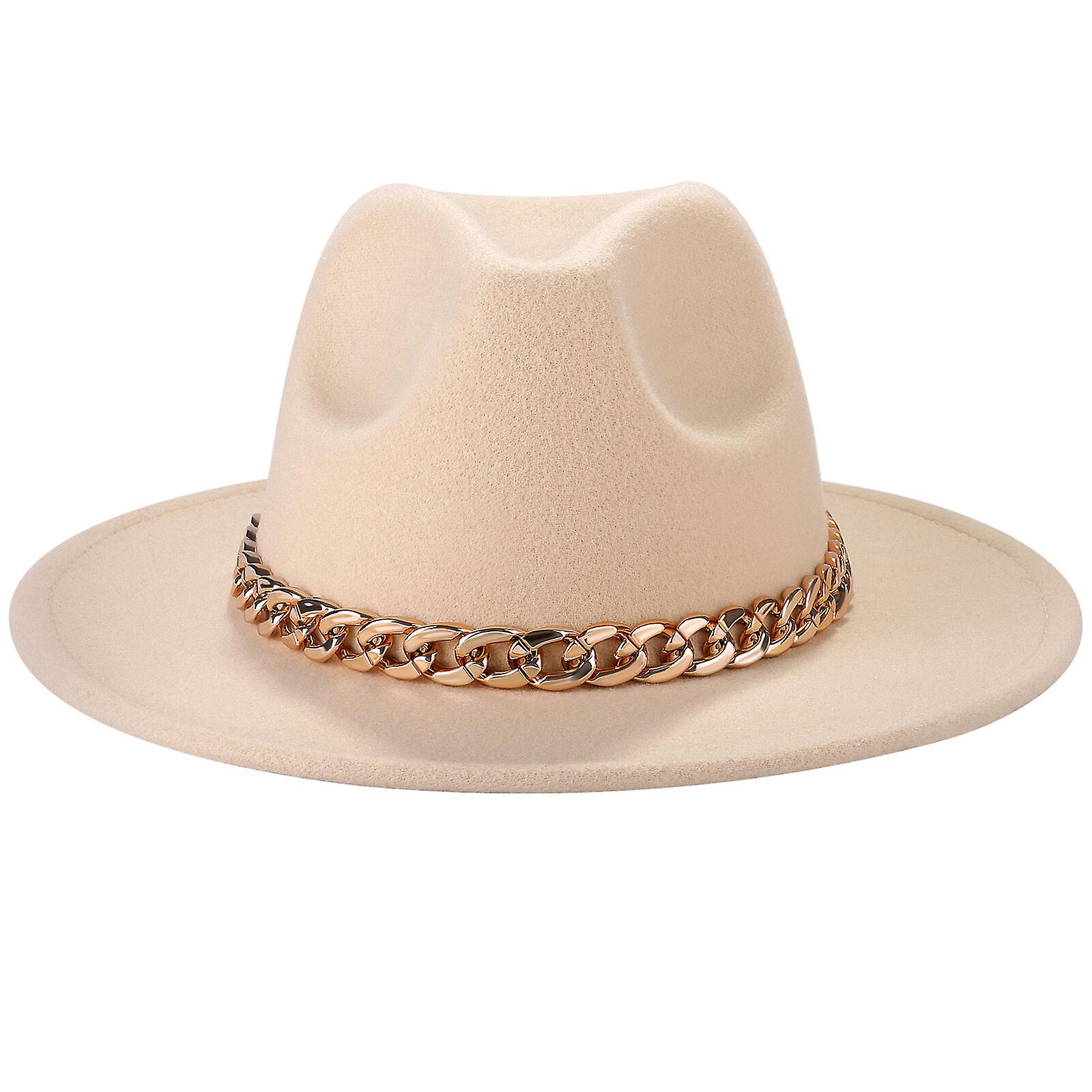 Wide Brim Wool Fedora with Chain Jazz Hat Trilby Cuban Sun Cap Panama Winter