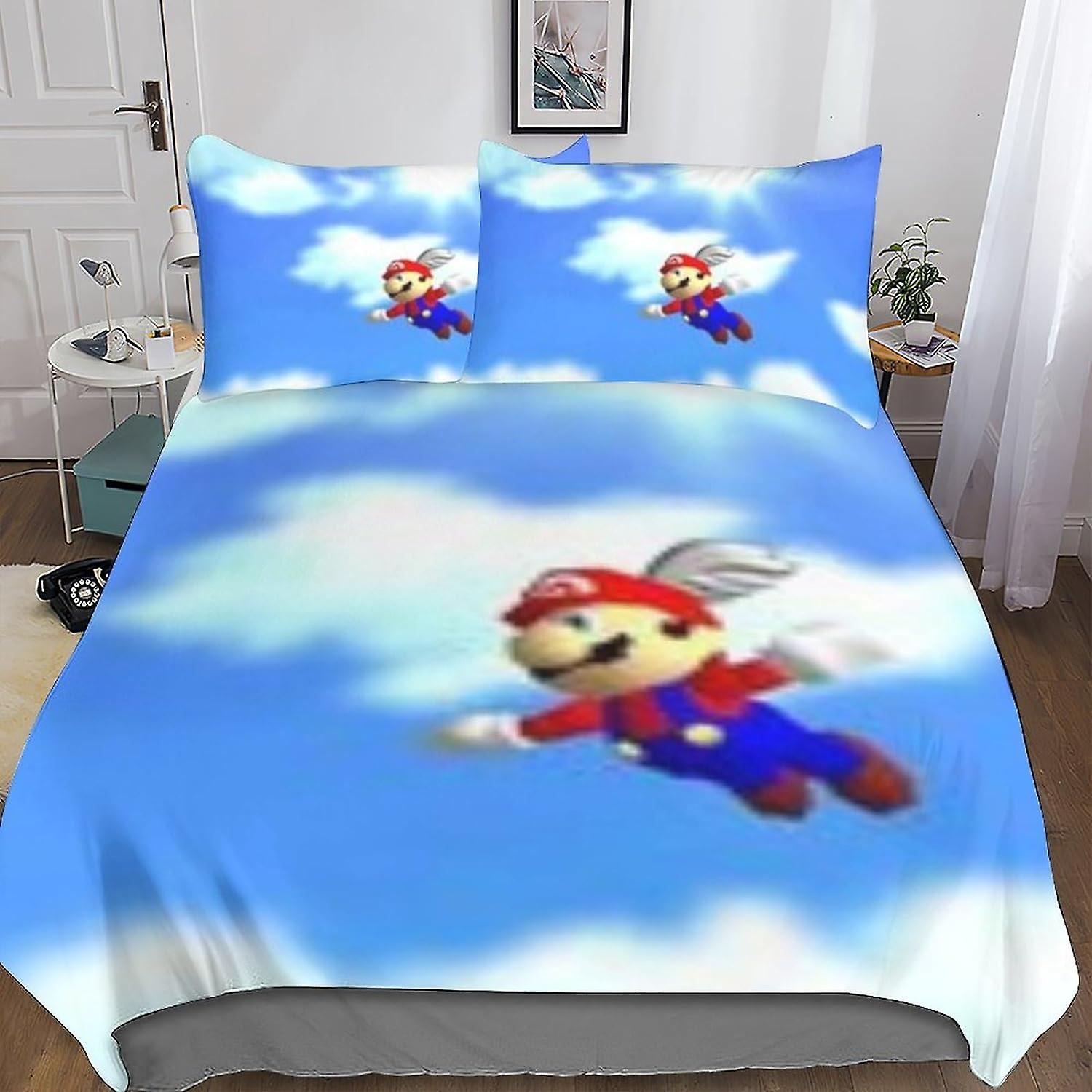 Super Mario Quilt Cover Set with Hidden Zipper Closure - Vibrant 3D Print Microfiber Super Mario Bedding, 3-Piece Set with Pillowcases, for Boys And G