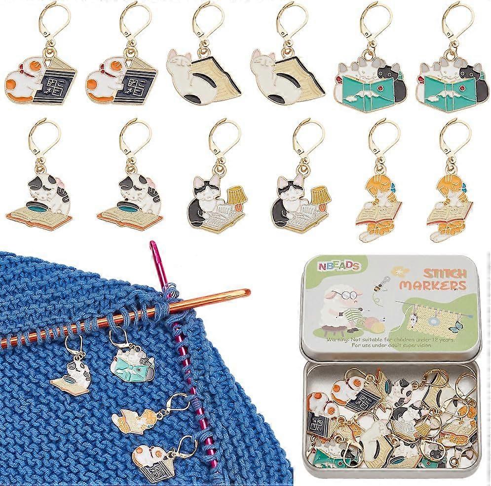 12 Pcs 6 Styles Cat Stitch Markers Alloy Enamel Cat and Book Crochet Stitch Marker Locking Stitch Marker with Leverback Clasp Knitting Crocheting Acce