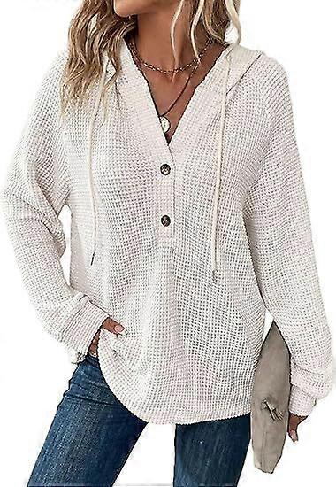 Hoodies for Women Waffle Knit Drawstring Button V Neck Long Sleeve