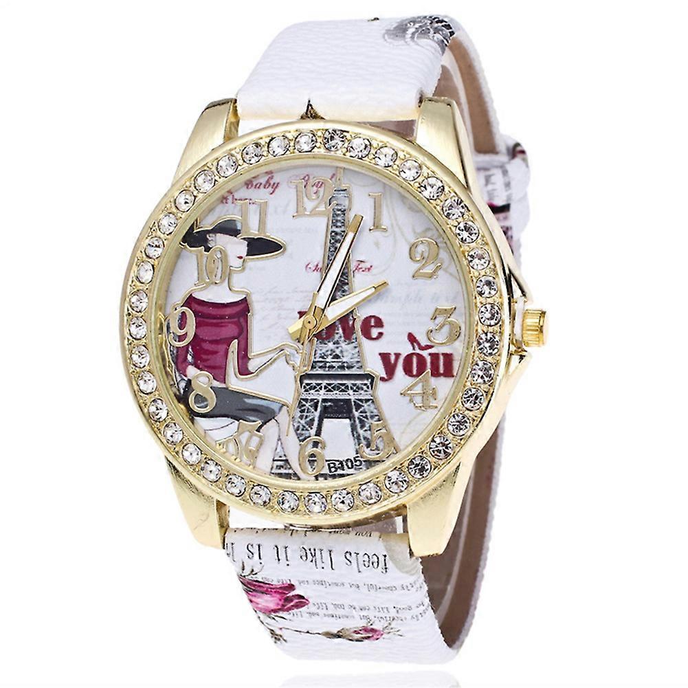 Rhinestone Inlaid Tower Round Dial Arabic Number Analog Quartz Wrist Watch