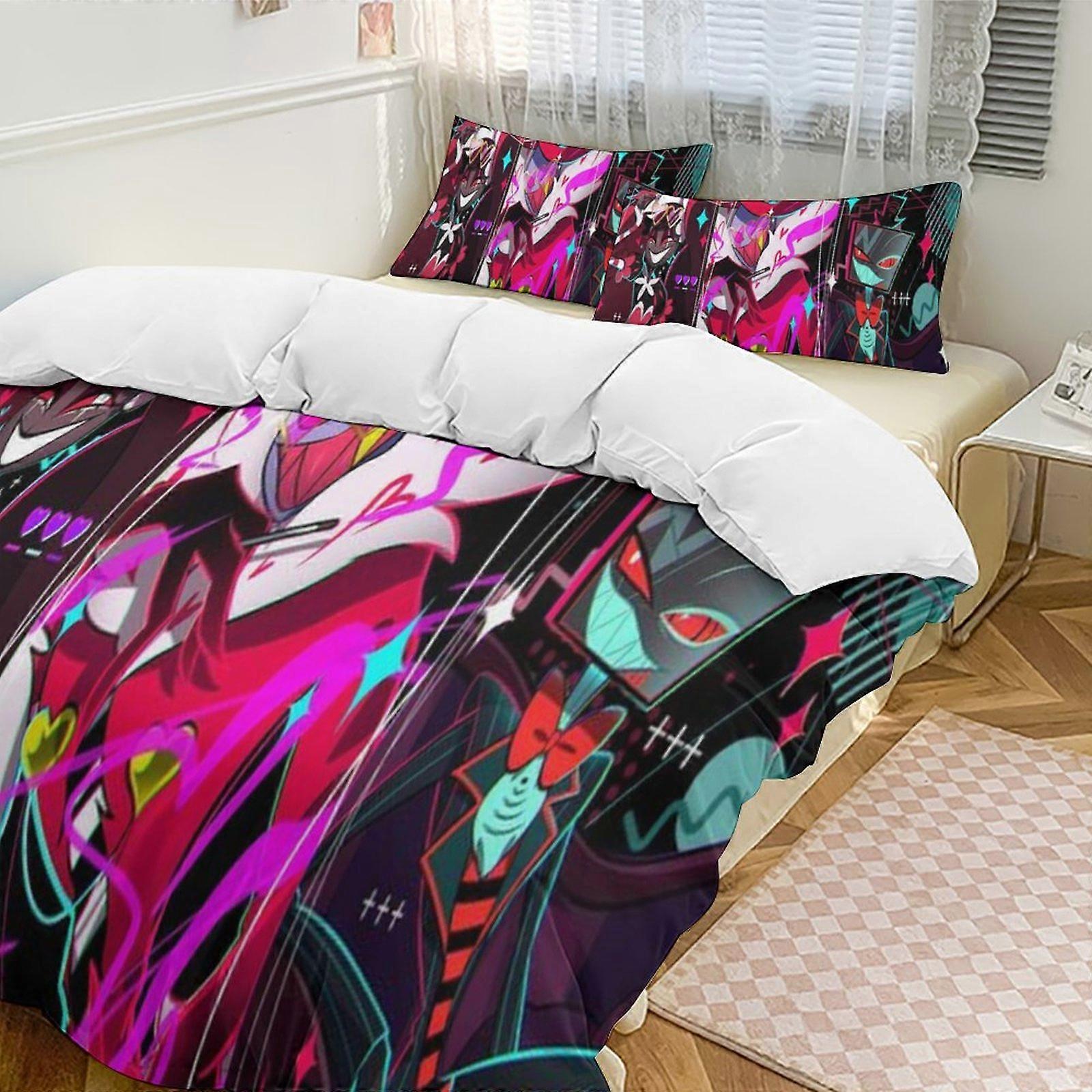 v183 Hazbin Hotel 2 Cama Capa de Edredom Conjuntos de Cama de Microfibra Conjuntos de Edredom Leve de 3 Peças, 1 Capa de Edredom e 2 Fronhas para Crianças aa183
