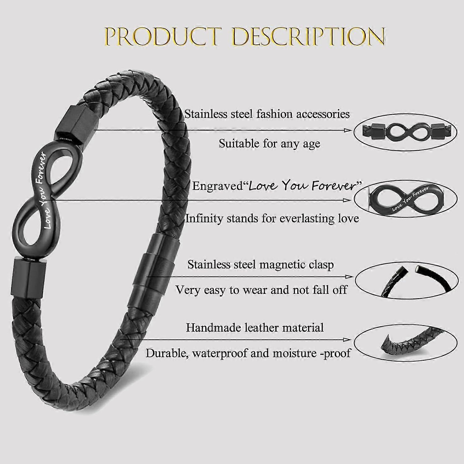 Personalized Men's Leather Bracelet - Engraved 'Love You Forever' With Magnetic Clasp, Gift For Husband Dad Brother