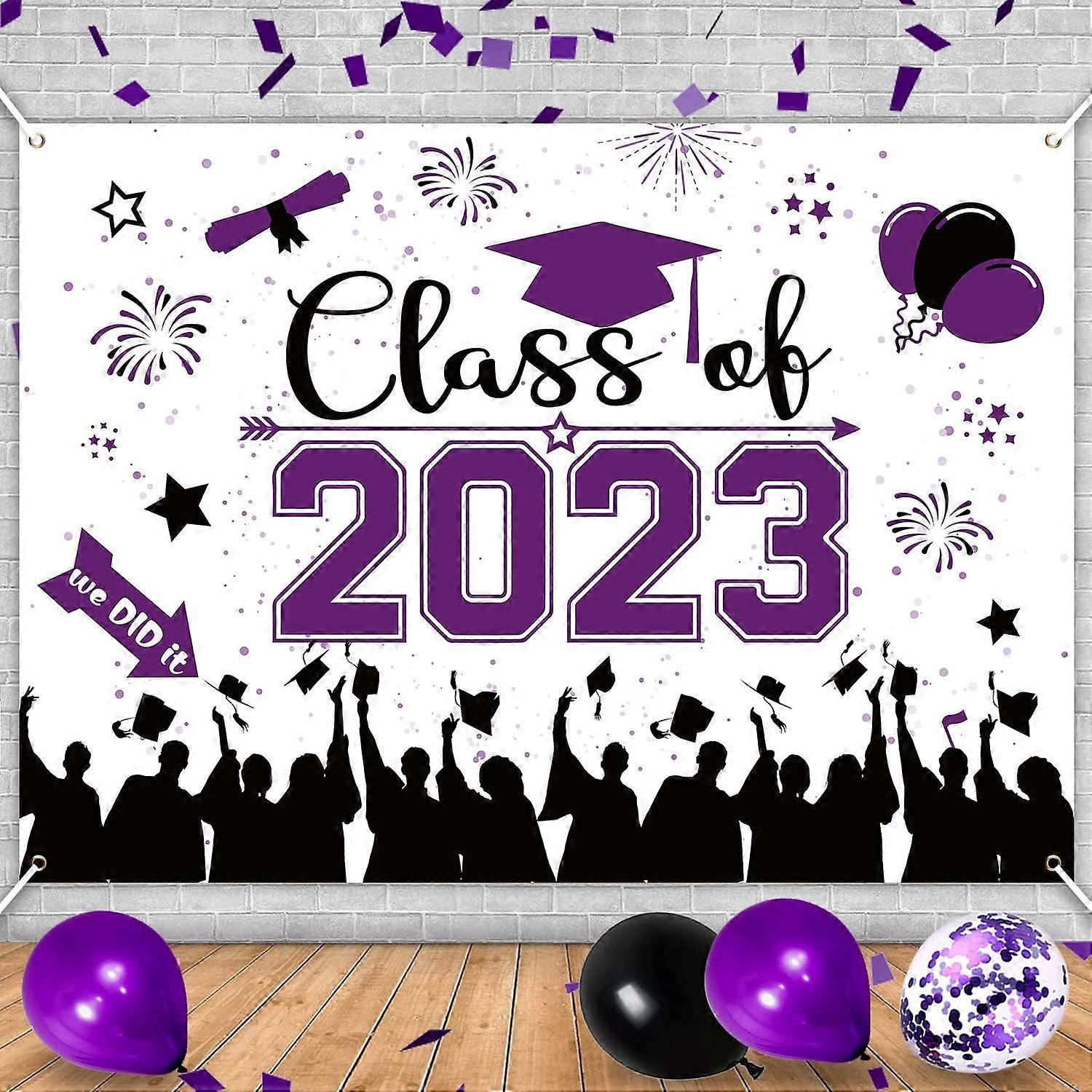 2023 Graduation Backdrop Banner, 70" x 42" Purple Graduation Banner Class of 2023 Polyester Fabric Graduation Banner for 2023 High School and College 